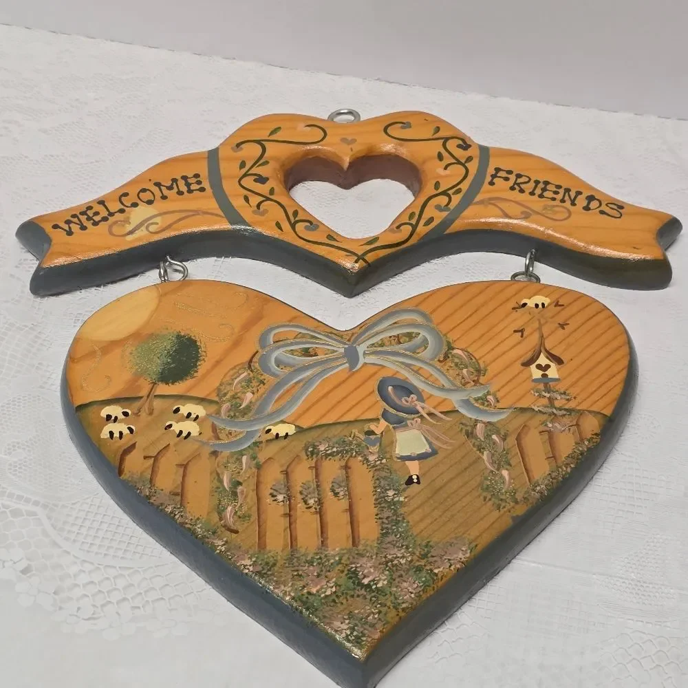 Vintage Wooden Welcome Friends Heart Shaped Wall Plaque Girl In The Farm Garden